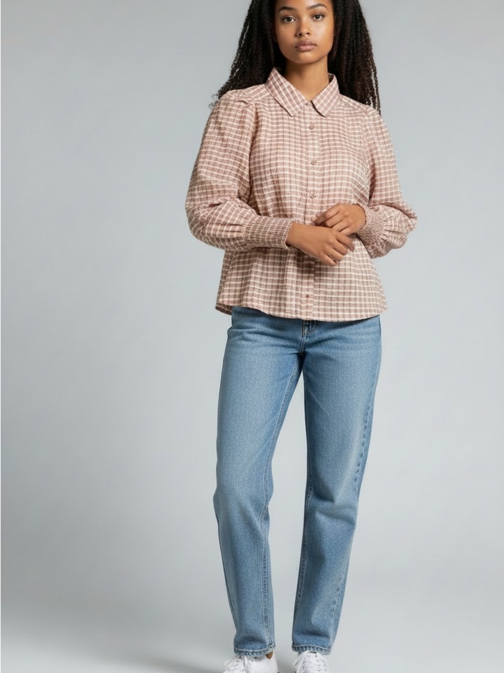 Women's &merci Plaid Smocked-Cuff Button-Front Blouse Sz S NWT
